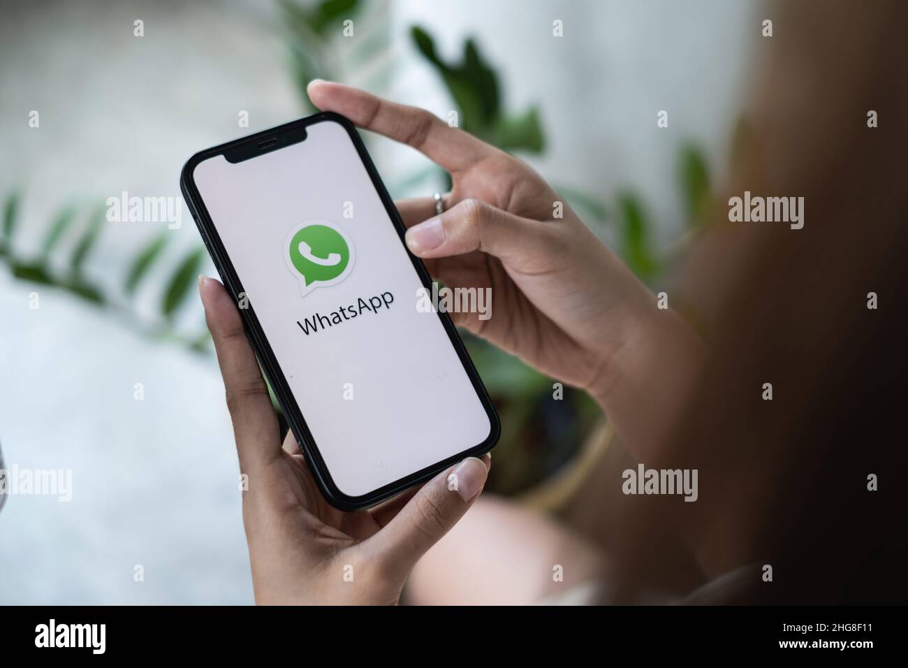 CHIANG MAI, THAILAND - JAN 16 2022 : Frau mit einem iPhone und öffnen sie appstore Suche Social Internet-Service WhatsApp auf dem Bildschirm. IPhone war Stockfoto