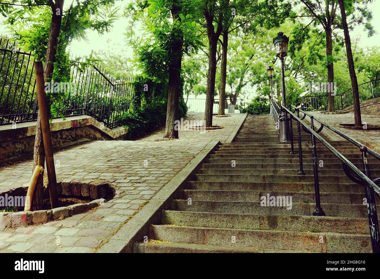 Treppe von Montmartre, alte Straßenlaternen und Vegetation in Paris Stockfoto