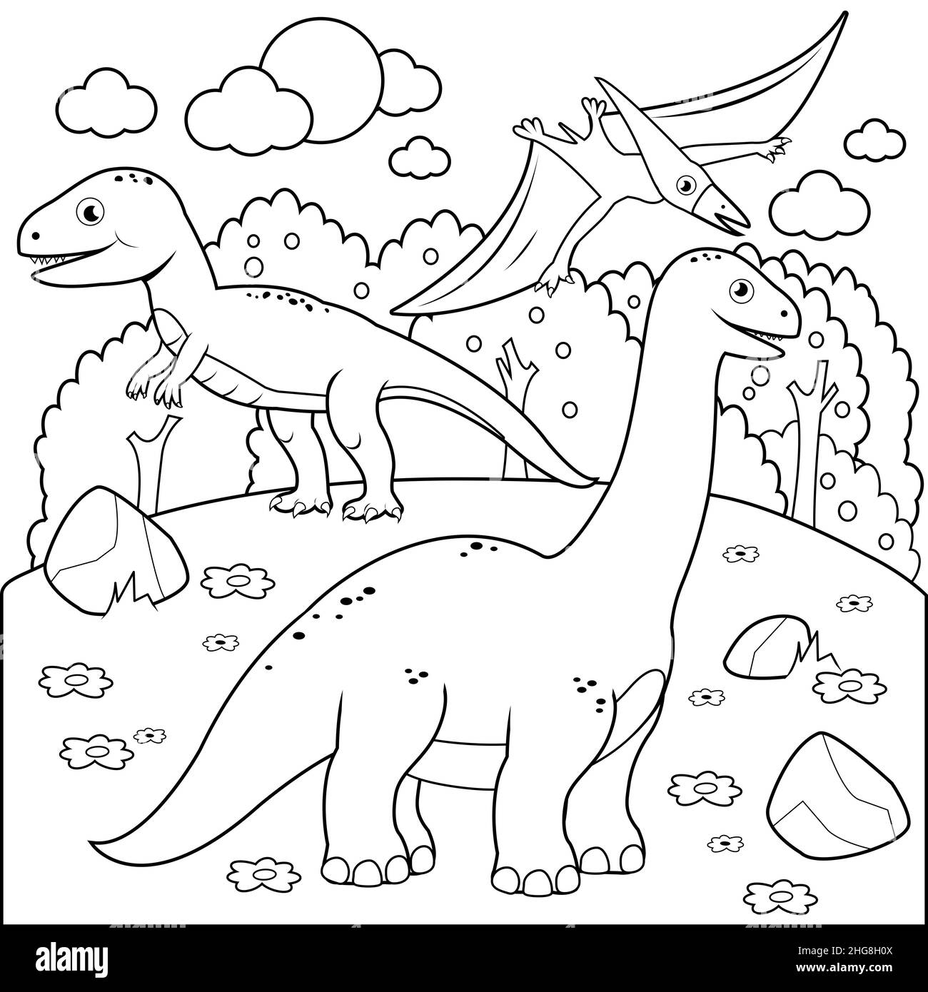 Naturszene, prähistorische Landschaft mit Dinosauriern. Steinzeittiere, ein Pterodactyl, ein Brontosaurus, ein Apatosaurus und ein tyrannosaurus. Stockfoto