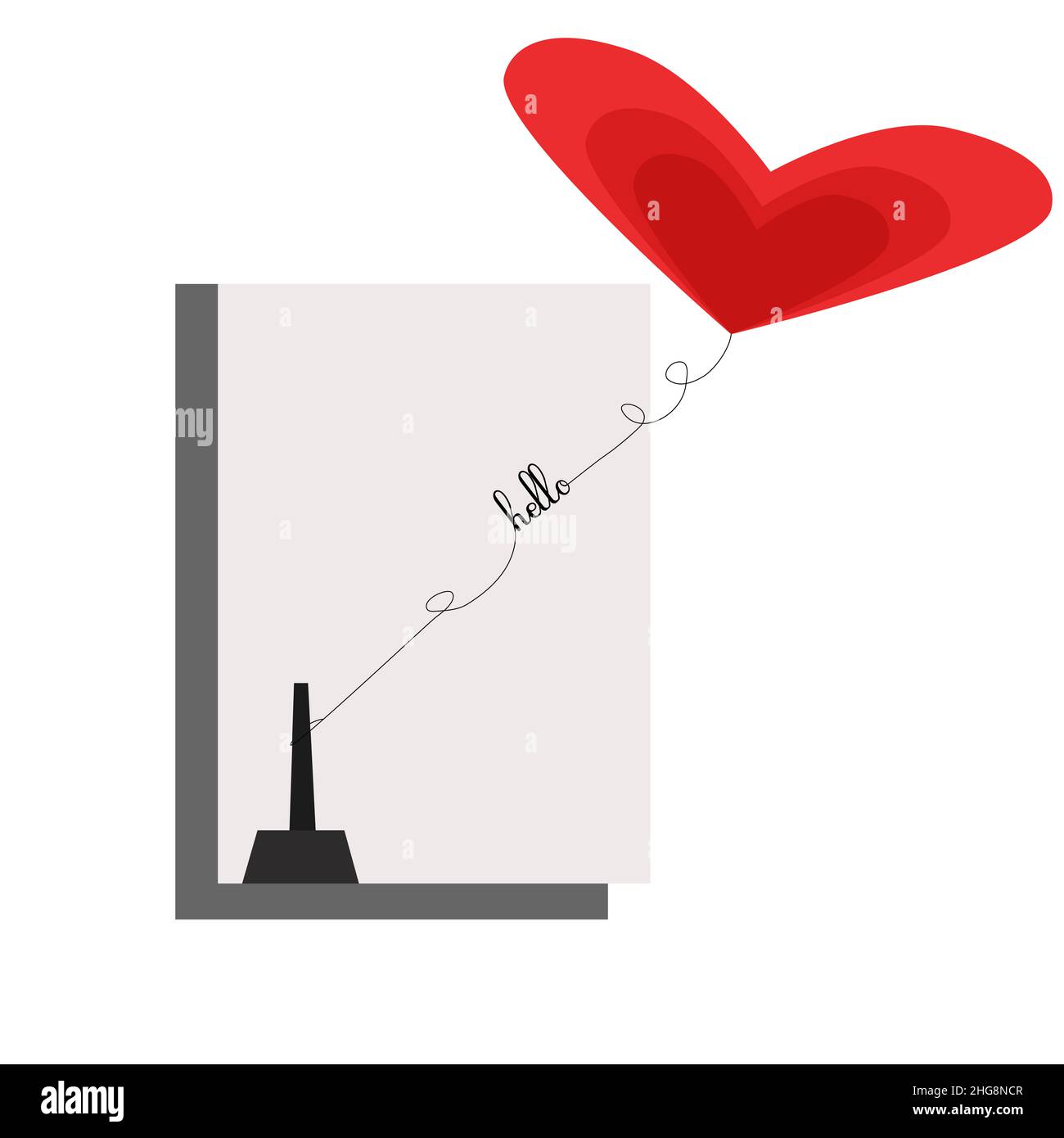Roter Herz-Ballon, der hoch fliegt. An einen Pfosten auf einem weißen abstrakten Hintergrund gebunden. Vektorgrafik. Vektor-Liebe-Postkarte für Happy Mother's Day, Stockfoto
