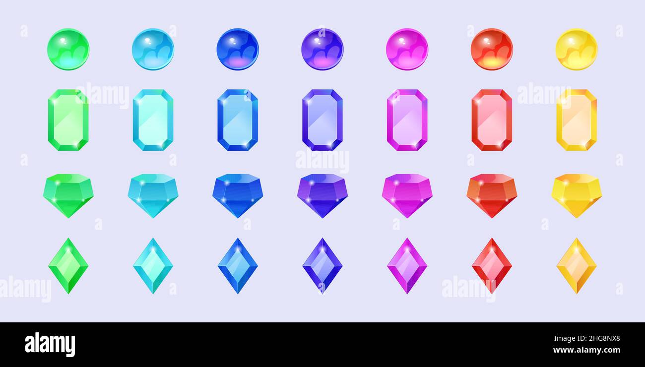 Farbsteine, Kristallsteine in runder, geometrischer und diamantförmiger Form. Vektor-Cartoon-Set von Edelsteinen, Rubin, Saphir, Topas, Amethyst und Smaragd auf dem Hintergrund isoliert Stock Vektor