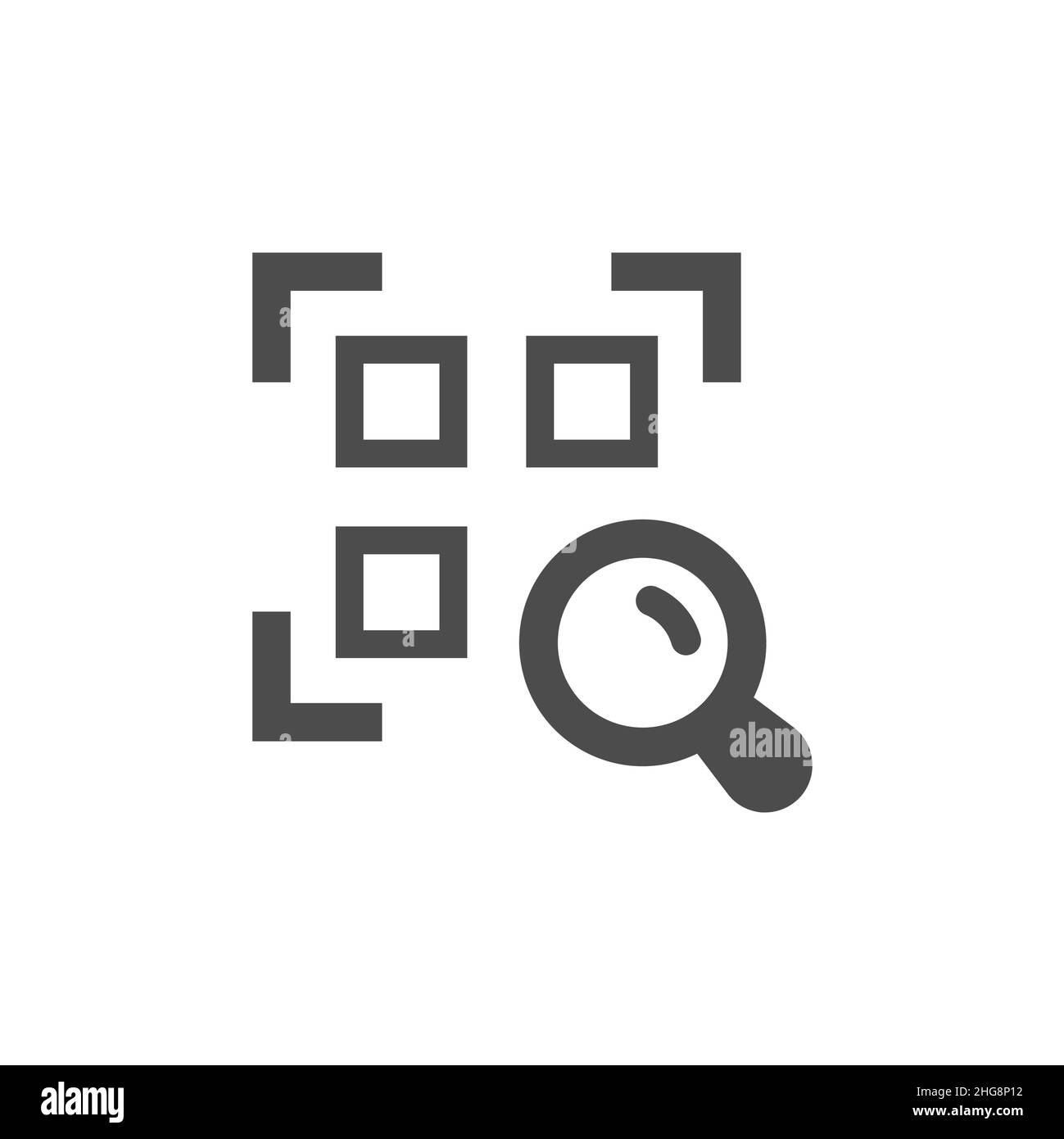 QR-Code und schwarzes Vergrößerungsglas-Symbol. Vektorsymbol mit gefüllten Informationen suchen. Stock Vektor