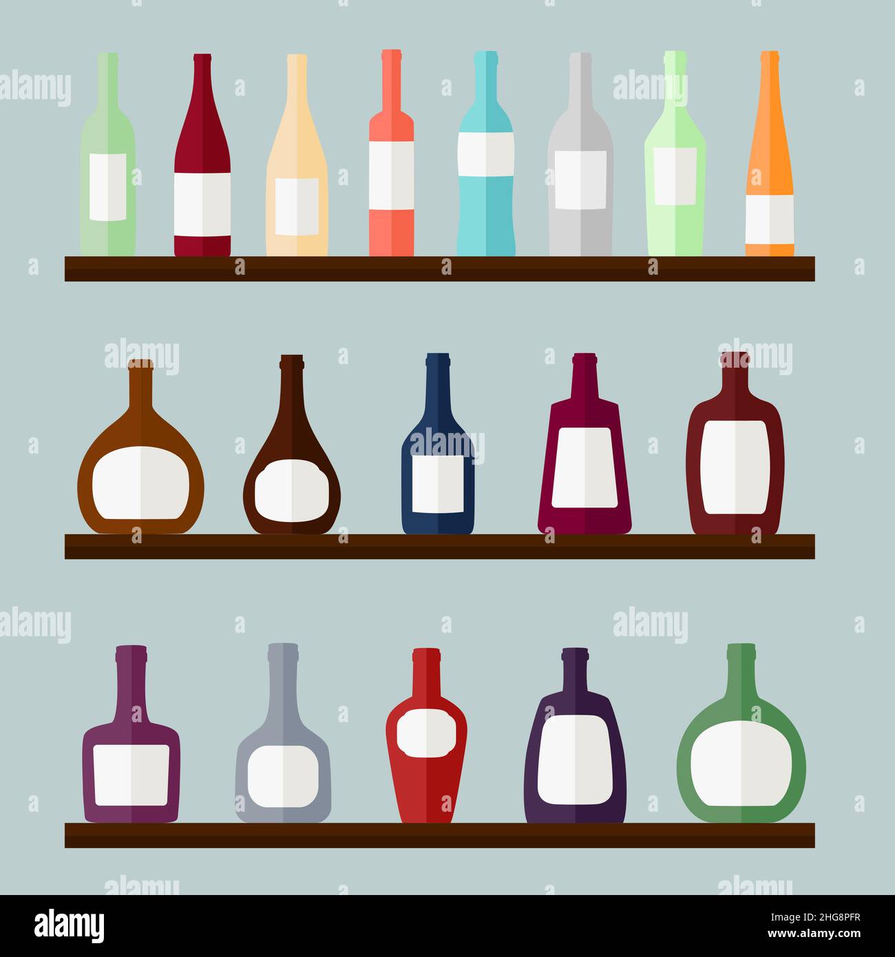 Satz alkoholischer Getränke auf den Regalen, Vektorgrafik Stock Vektor