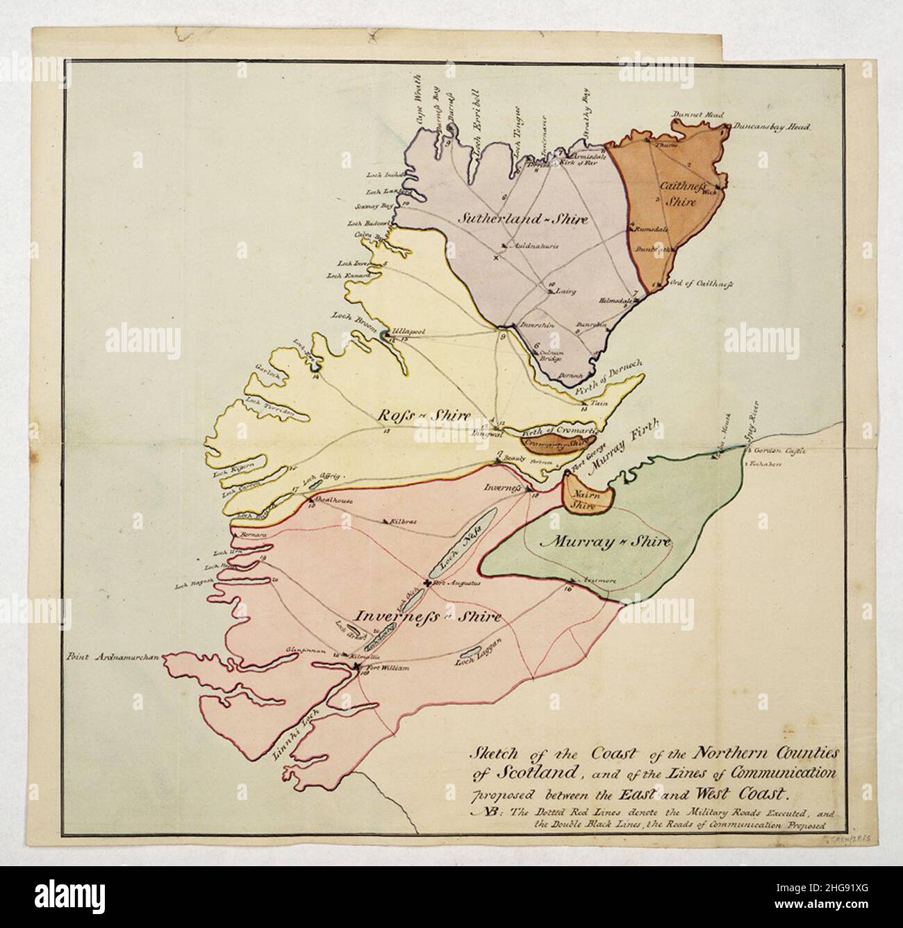 Skizze der Küste der nördlichen Grafschaften Schottlands und der vorgeschlagenen Kommunikationslinien zwischen der Ost- und der Westküste Stockfoto