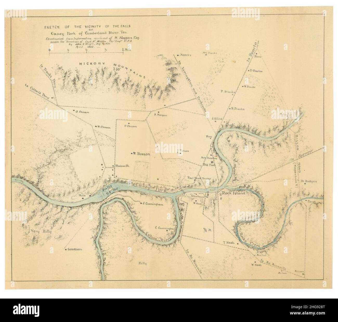 Skizze der Umgebung der Fälle von Caney Fork des Cumberland River, zehn. Stockfoto