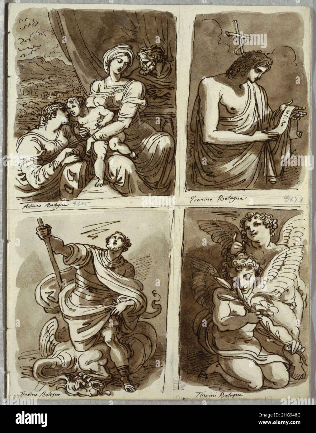 Skizzenbuch Folio, die Heilige Familie mit der Heiligen Katharina; Johannes der Täufer, nach Guercino; Georg und der Drache, nach Alessandro Tiarini; zwei Putti, 1821–22 Stockfoto