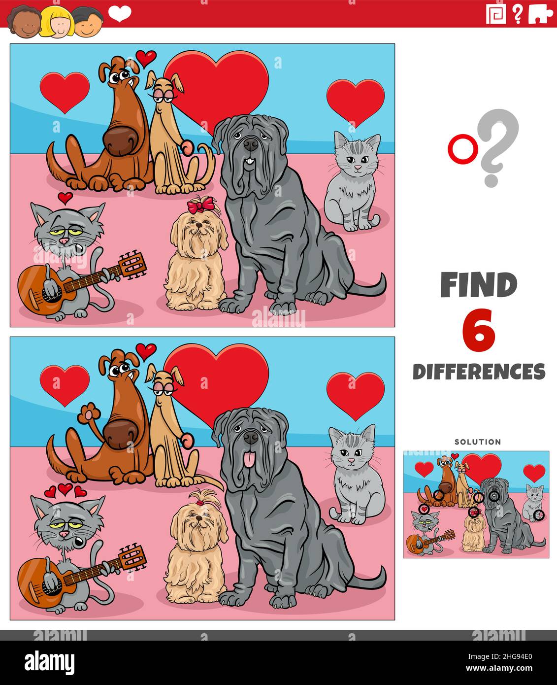 Cartoon Illustration der Suche nach Unterschieden zwischen Bildern pädagogische Spiel mit Haustieren in der Liebe am Valentinstag Stock Vektor