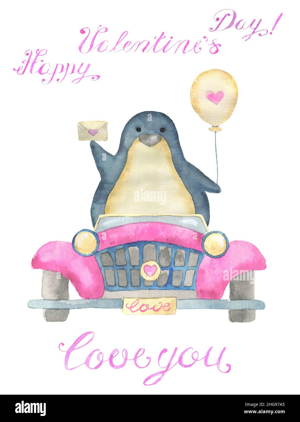 Grußkarten-Design mit entzückenden Kawaii Pinguin Vogel mit Herz, Retro-Auto, Text und Liebe Symbole isoliert auf weißem Hintergrund, Konzept für Valentin Stockfoto