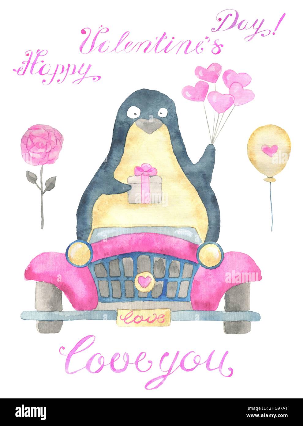Grußkarten-Design mit entzückenden Kawaii Pinguin Vogel mit Herz, Text, Retro-Auto und Liebe Symbole isoliert auf weißem Hintergrund, Konzept für Valentin Stockfoto