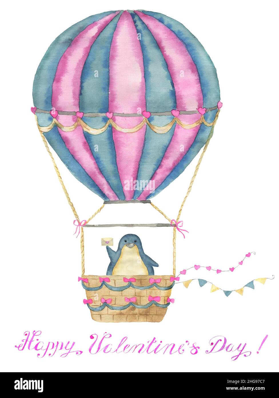 Grußkarte Design mit entzückenden Kawaii Pinguin Vogel fliegen auf Luftballon mit Herz, Text und Liebe Symbole isoliert auf weißem Hintergrund, Konzept f Stockfoto