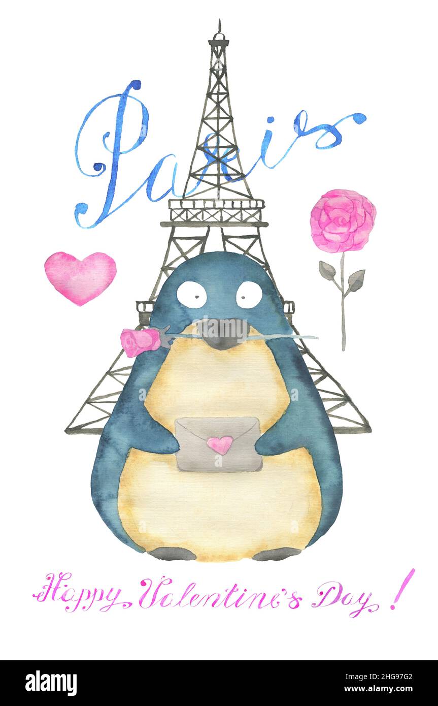 Grußkarten-Design mit entzückenden Kawaii Pinguin Vogel mit Herz, Eiffelturm, Text und Liebe Symbole isoliert auf weißem Hintergrund, Konzept für Valen Stockfoto
