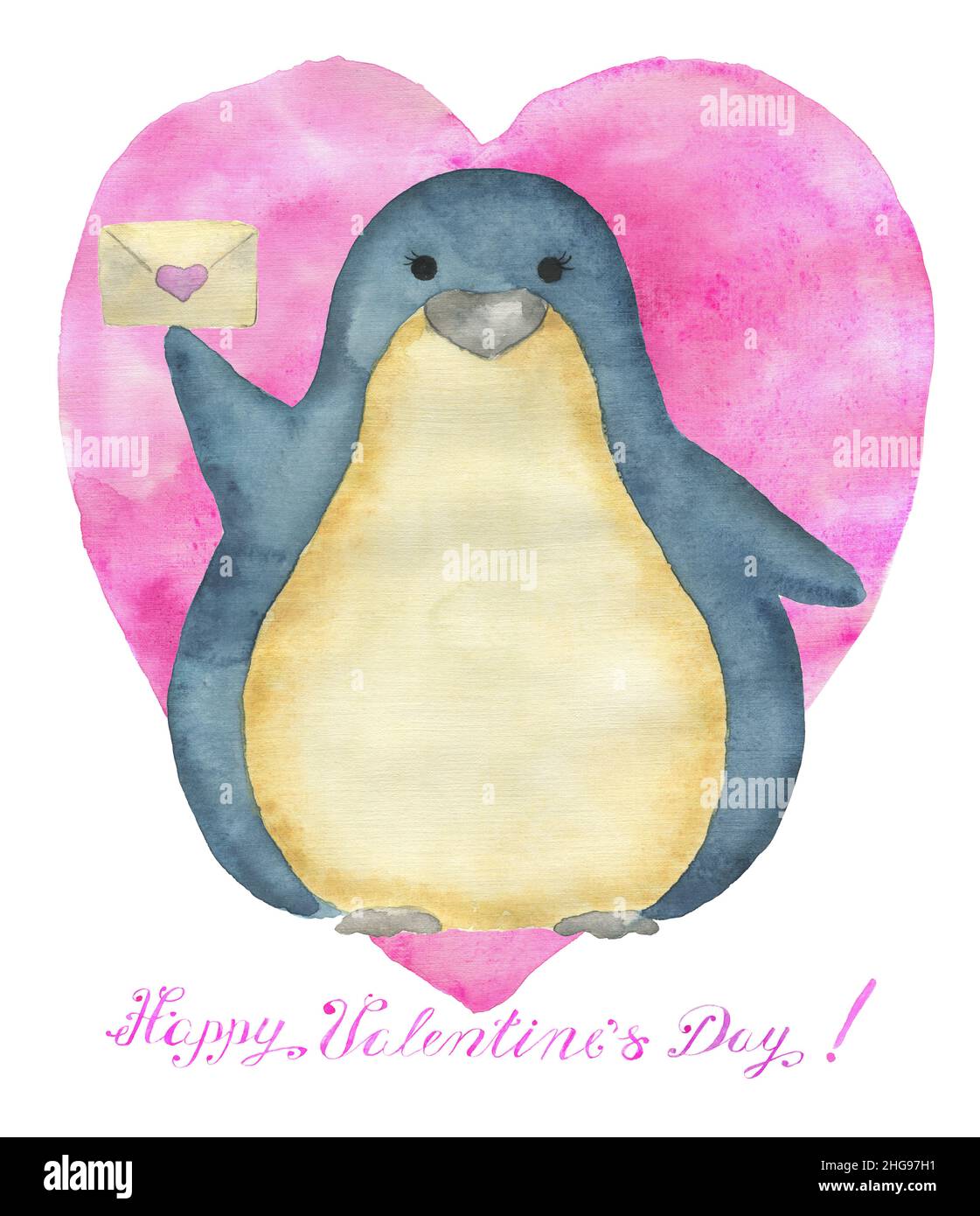 Grußkarten-Design mit entzückenden Kawaii Pinguin Vogel mit Herz, Text und Liebe Symbole isoliert auf weißem Hintergrund, Konzept für Valentinstag Urlaub Stockfoto