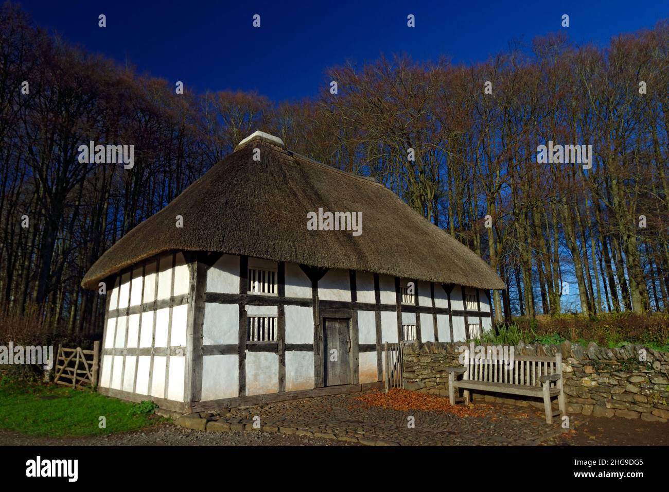 Abernodwydd Farmhouse, St Fagans National Museum of History/Amgueddfa Werin Cymru, Cardiff, South Wales, Großbritannien. Stockfoto