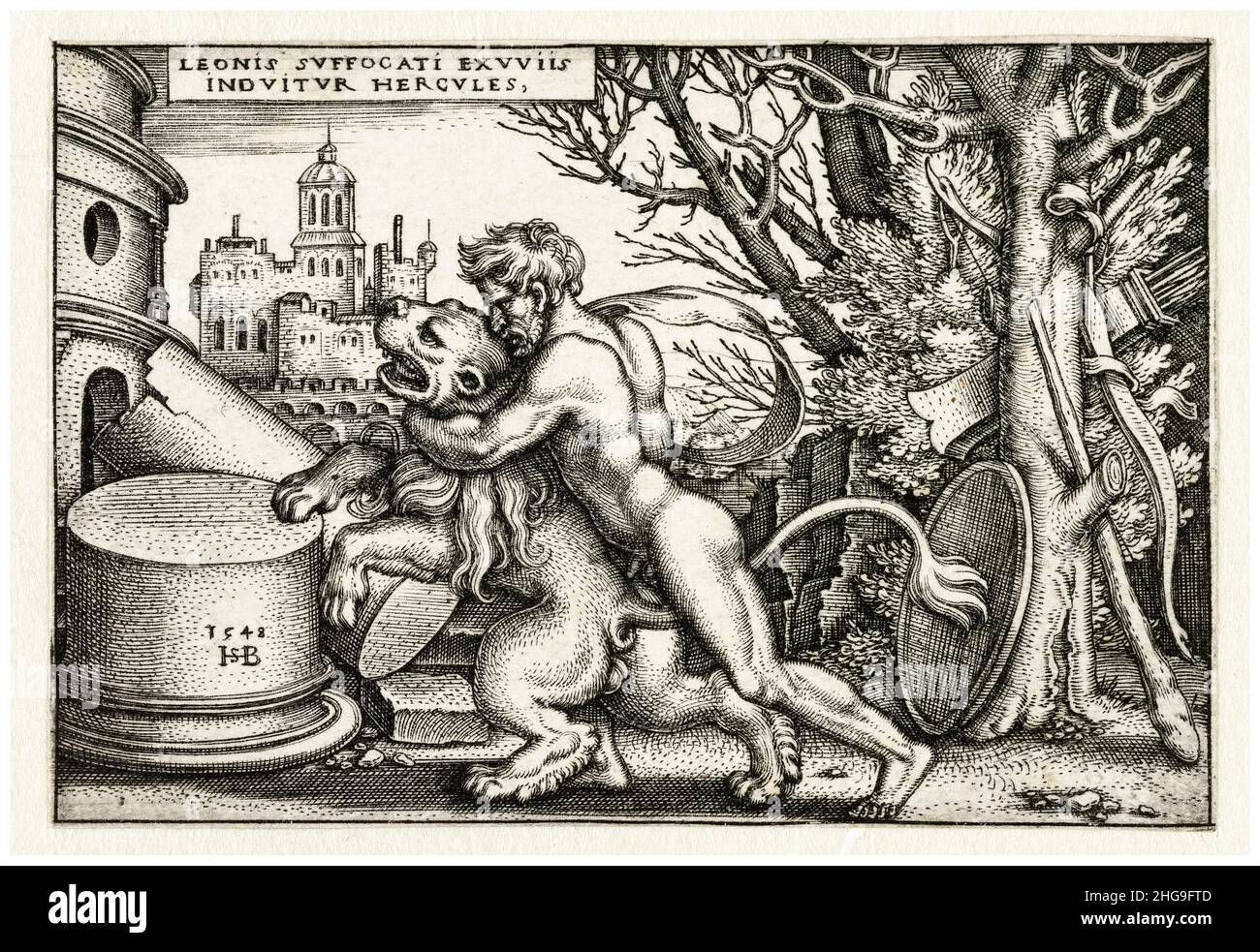 Herkules kämpft gegen den nemeischen Löwen, Stich von Sebald Beham, 1548 Stockfoto