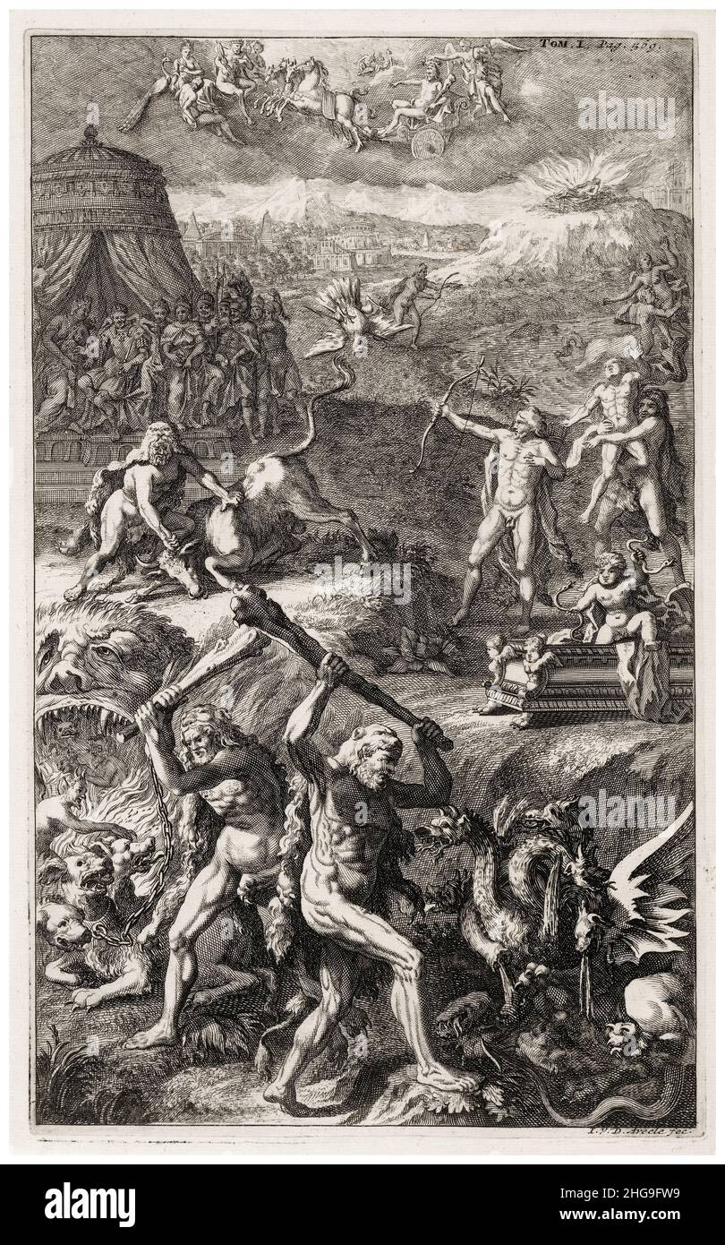 Die zwölf Heldentaten des Herkules, Radierung von Johannes Jacobsz van den Aveele nach Francois Boitard, 1678-1727 Stockfoto