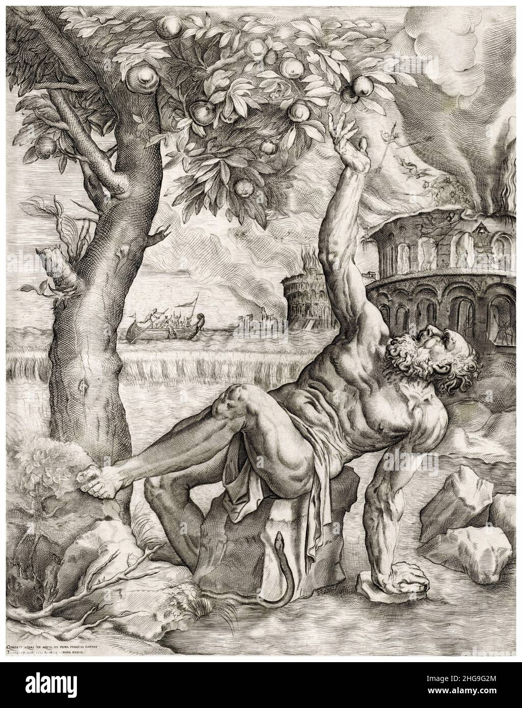 Tantalus, Stich von Giulio Sanuto, nach Tizian, um 1565 Stockfoto
