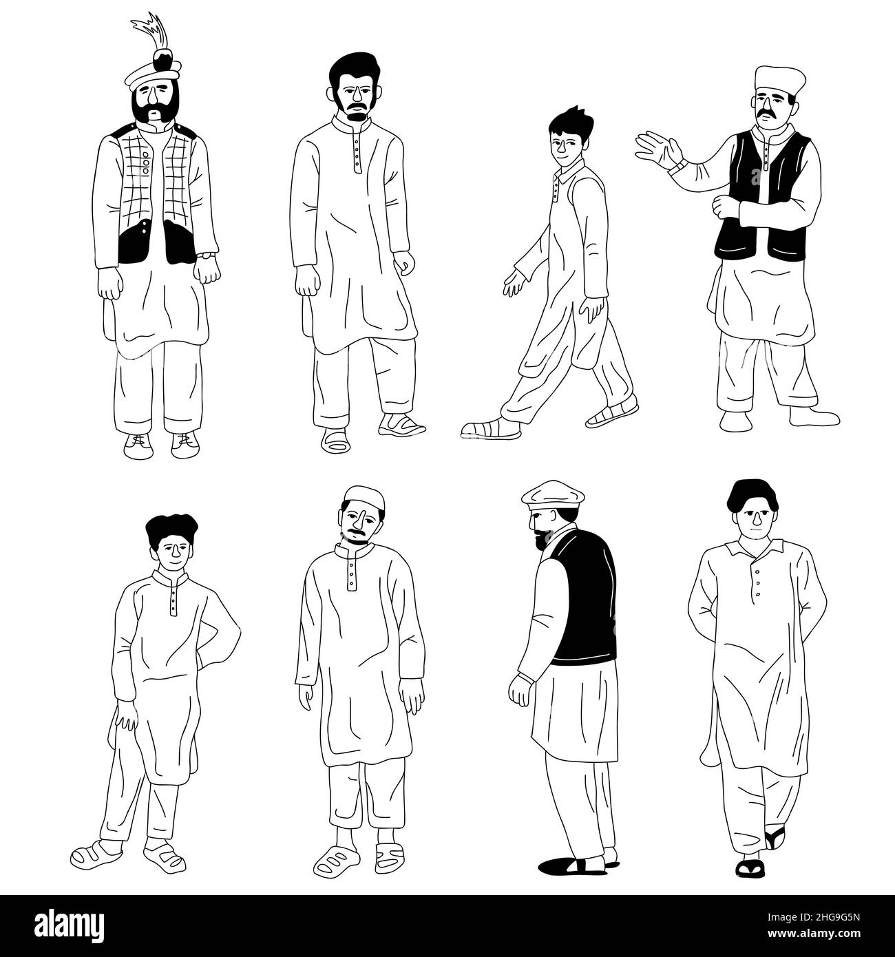 Männer aus Südasien eingestellt. Jungen, Jugendliche und alte Männer tragen Schalwar Kameez und Sherwani Nationalkleid von Pakistan. Inklusivität und Vielfalt Design Elemente Vektor Illustration Stock Vektor