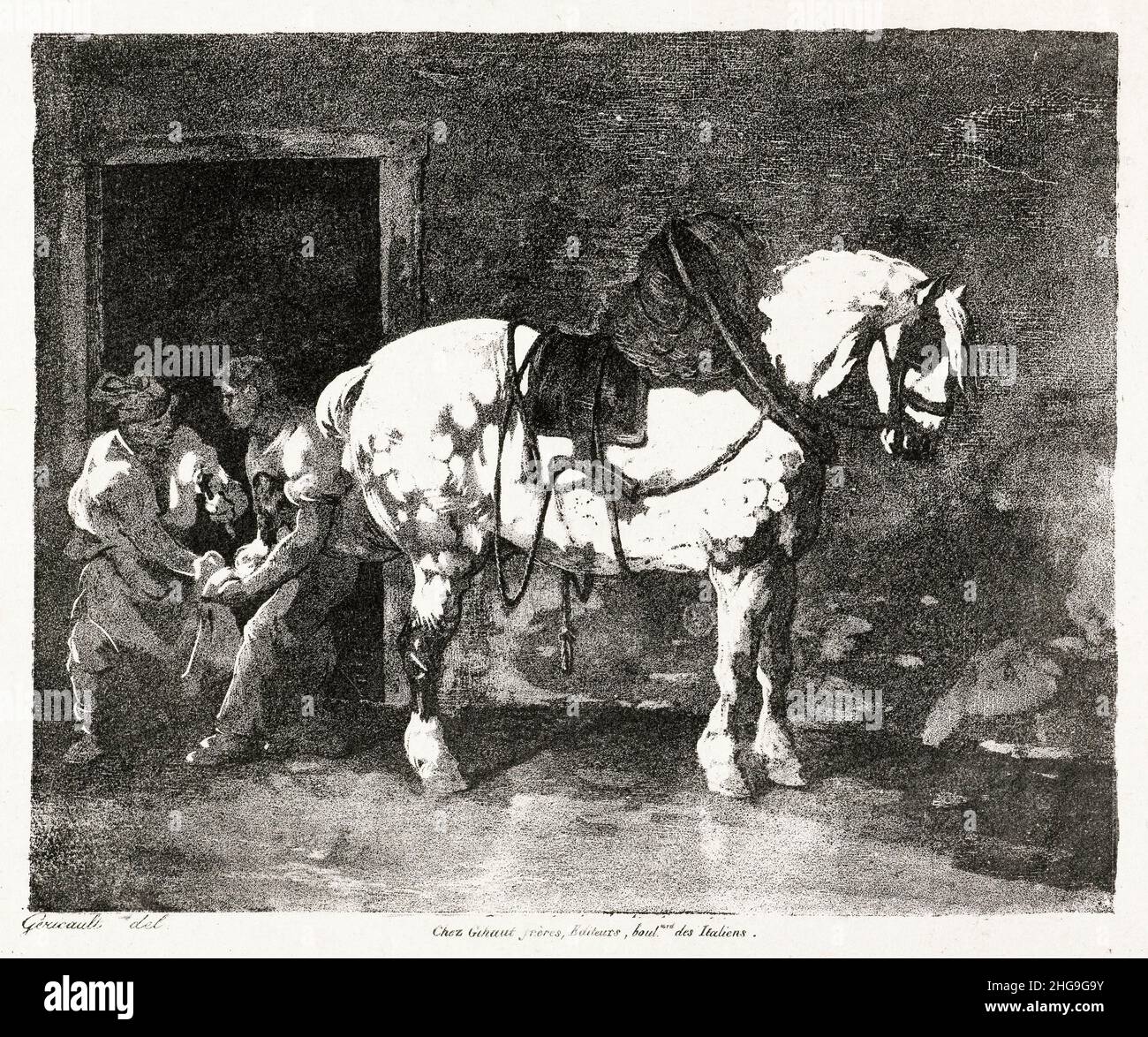Cheval que l'on ferre (Pferd wird beschlagen), Lithographie von Theodore Gericault, 1823 Stockfoto