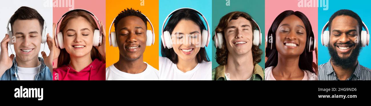 Fröhliche, multirassische junge Menschen, die Musik hören Stockfoto