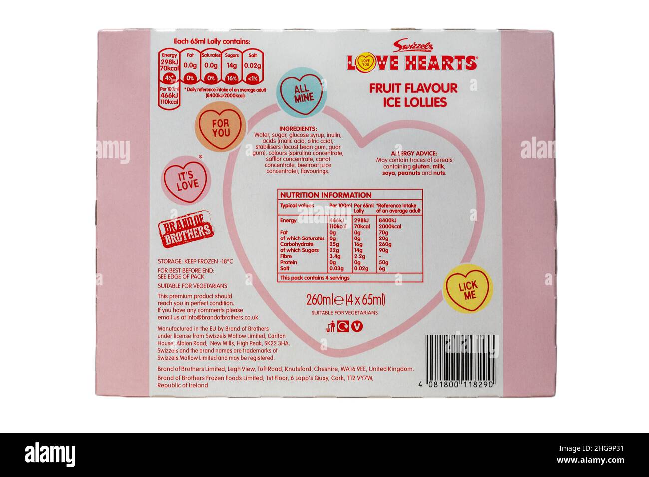 Schachtel mit Eislollies mit Swizzels Love Hearts Fruchtgeschmack, in der Zutaten und Nährwertangaben auf der Verpackung angegeben sind Stockfoto