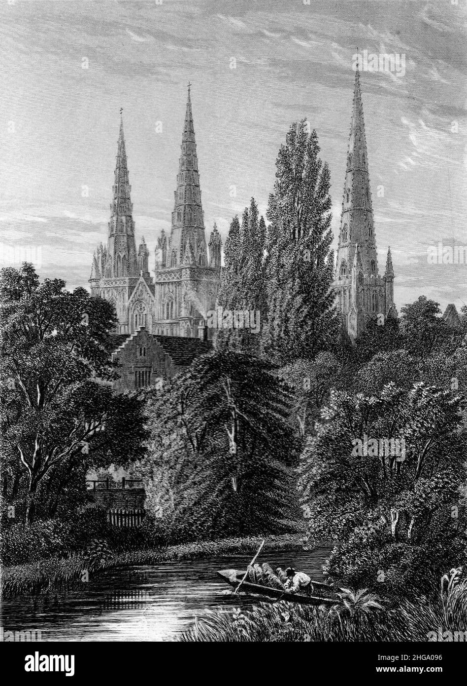 Schwarz-Weiß-Illustration; Kathedrale von Lichfield aus dem 19th. Jahrhundert, vom Minster Pool aus gesehen Stockfoto