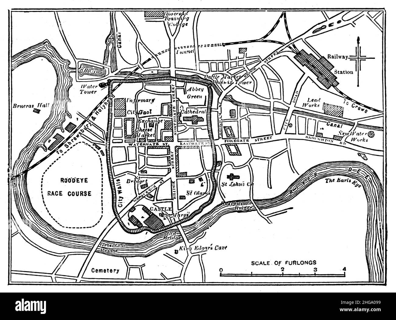 Schwarz-Weiß-Illustration; Karte der Stadt Chester um 1880 Stockfoto