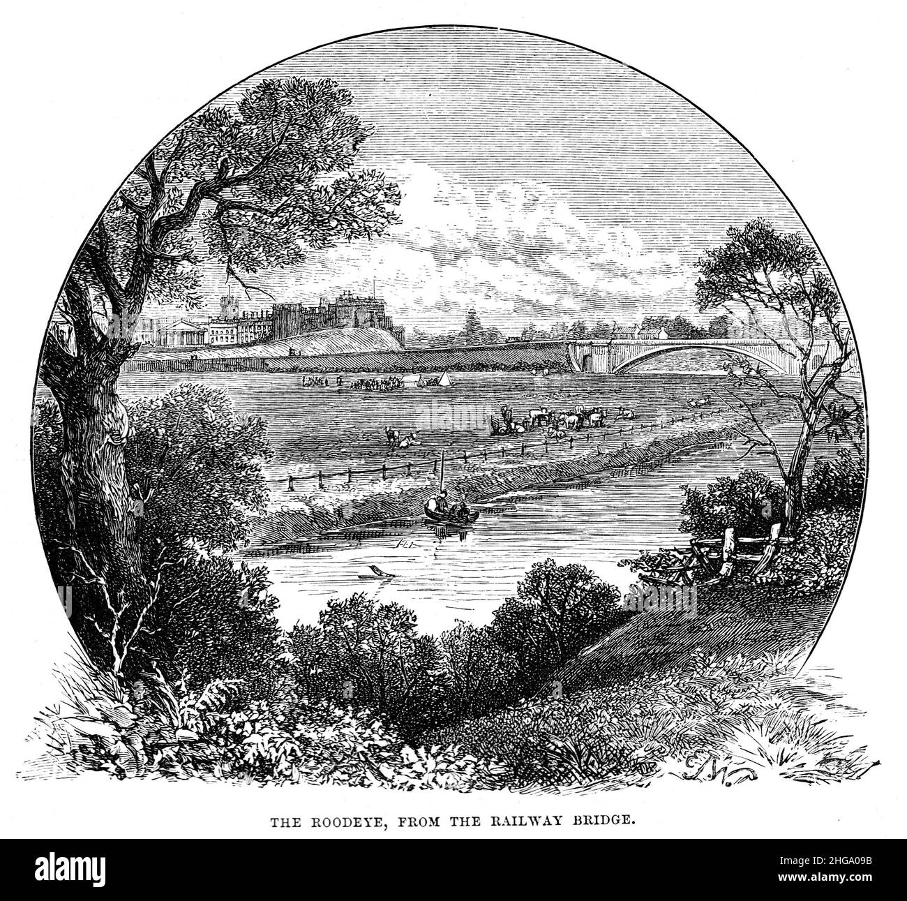 Schwarz-Weiß-Illustration; die Roodeye-Rennbahn von der Rialway-Brücke aus gesehen, c1880 Stockfoto