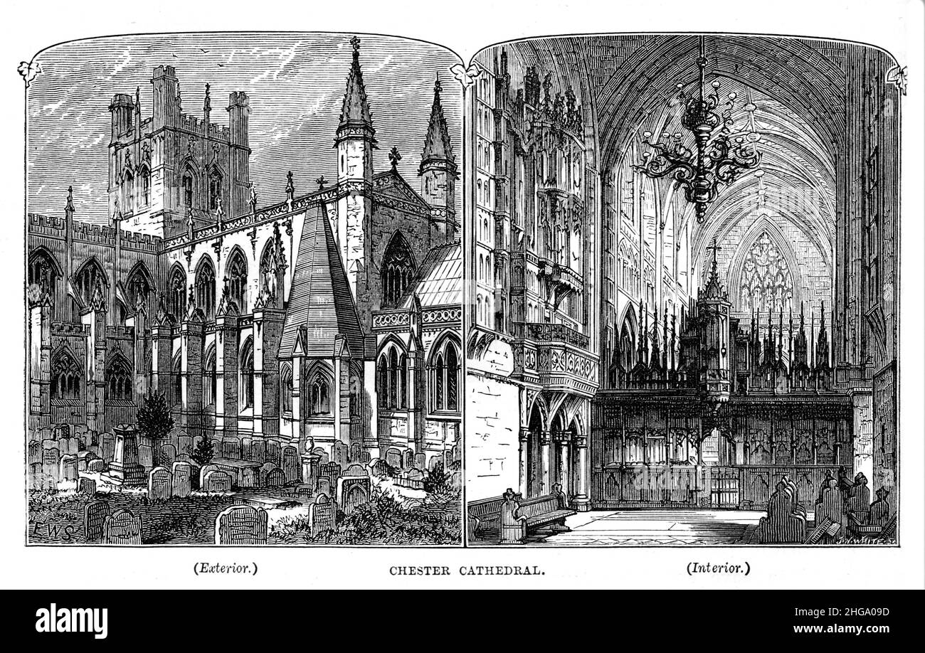 Schwarz-Weiß-Illustration; Chester Cathedral; Außen- und Innenansicht. c1880 Stockfoto