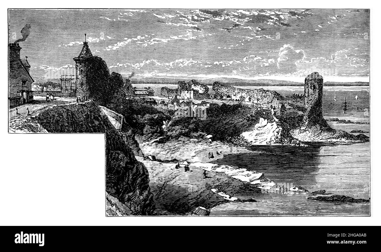 Schwarz-Weiß-Illustration; Ruinen von St. Andrew's Castle, Schottland, um 1880 Stockfoto