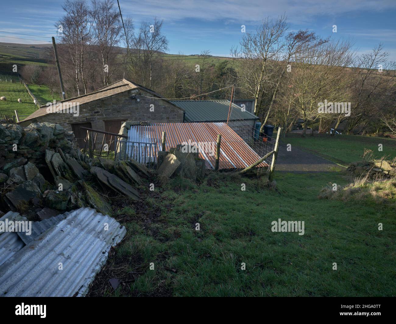 Rosting Wellblech Dach durch die Scheune auf dem Moor Kleinbetrieb bei 900ft Stockfoto