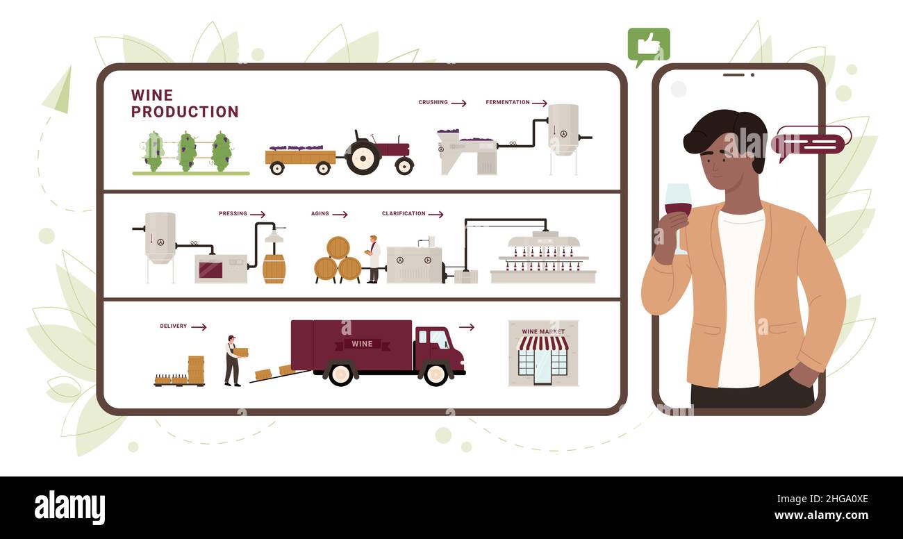 Weinproduktion in Weingut, Infografik Vektor Illustration. Cartoon industriellen Weinbereitung Prozess mit Ausrüstung in der Fabrik, Abfülltechnik und Lieferung, Kunden Verkostung Weinprodukt im Glas Stock Vektor