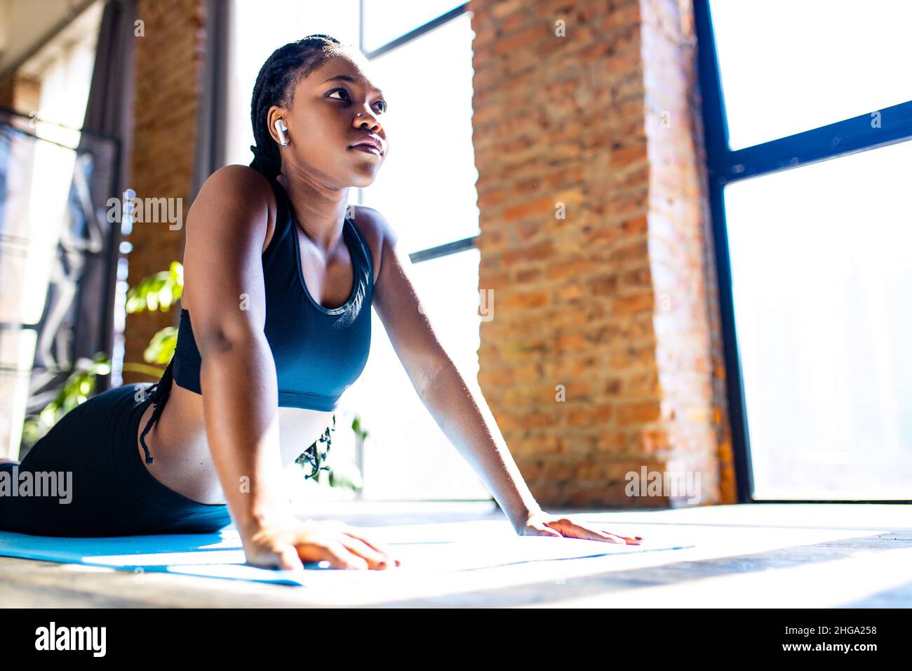 Frau practic Hund Gesicht nach oben Pose urdhva mukha svanasana nach oben schauenden Hund Pose von der Sonne Anrede Asana der Panorama-Fenster Sonnenlicht Stockfoto