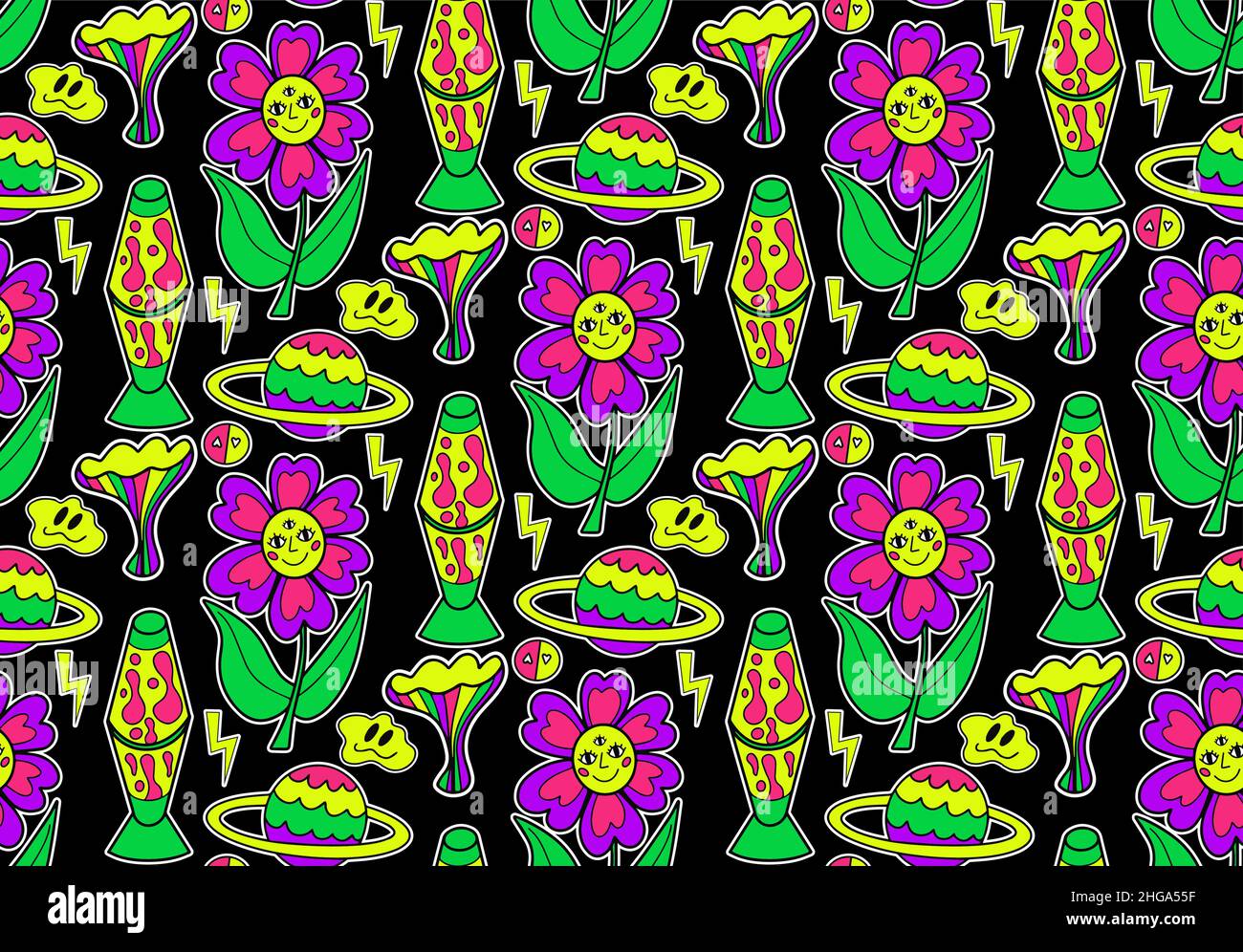 Psychedelisch Neon Trip nahtloses Muster. Retro 70s groovige, sich wiederholende Textur. Cartoon funky Blumen, Regenbogen, Säure hippy Stil Hintergrund. vektor Stock Vektor