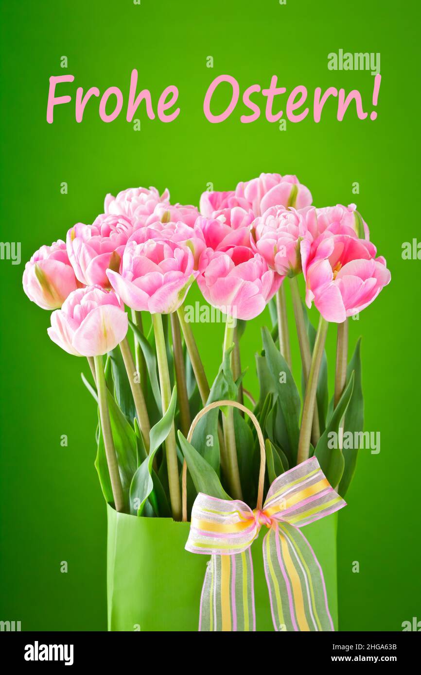 Fröhlicher Ostertext in deutscher Sprache mit einem Strauß leuchtend rosa Tulpen auf grünem Hintergrund, nostalgische Grußkarten-Vorlage. Stockfoto