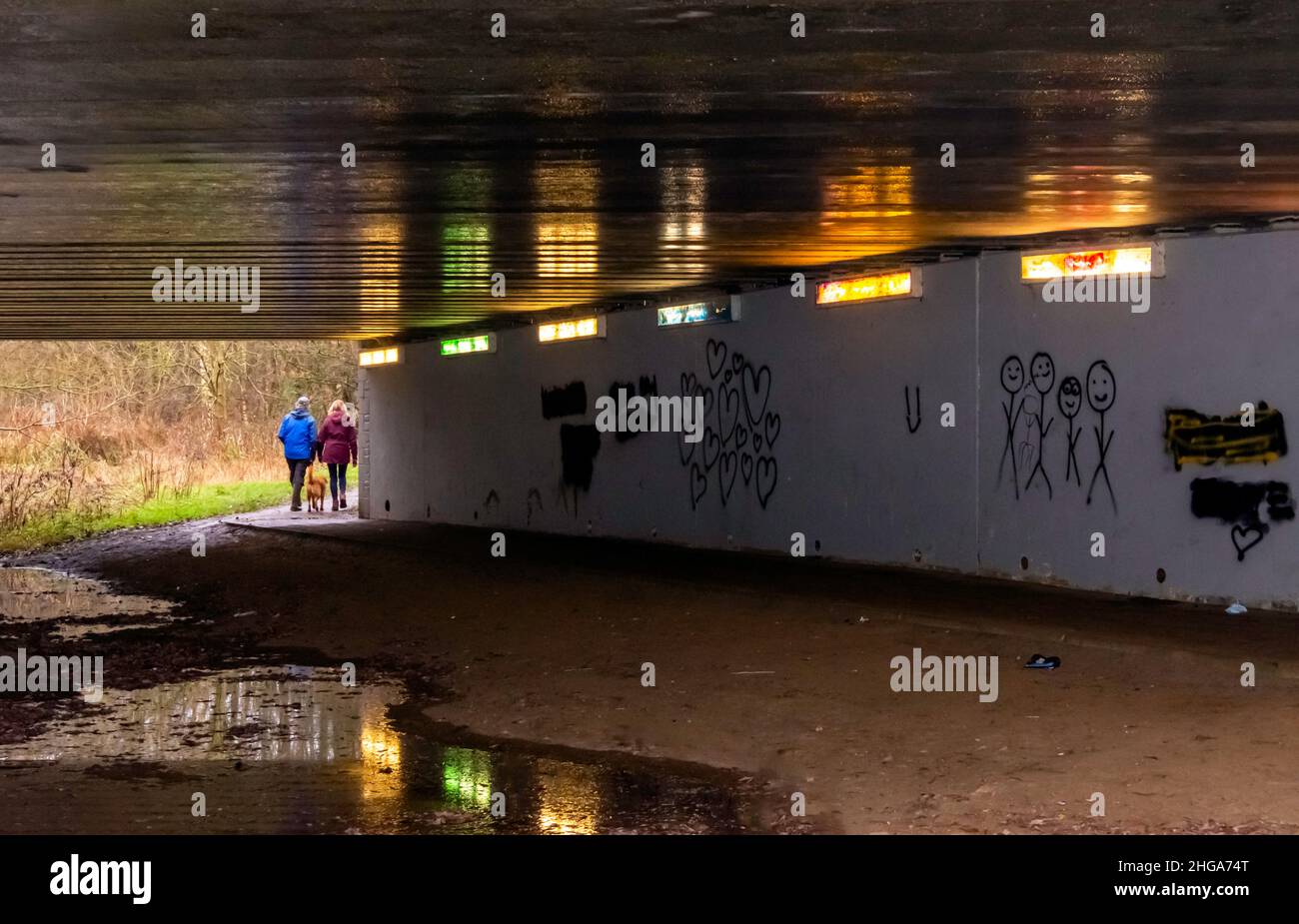 Ein Paar und ihr Hund laufen unter einer zweispurigen Unterführung Stockfoto