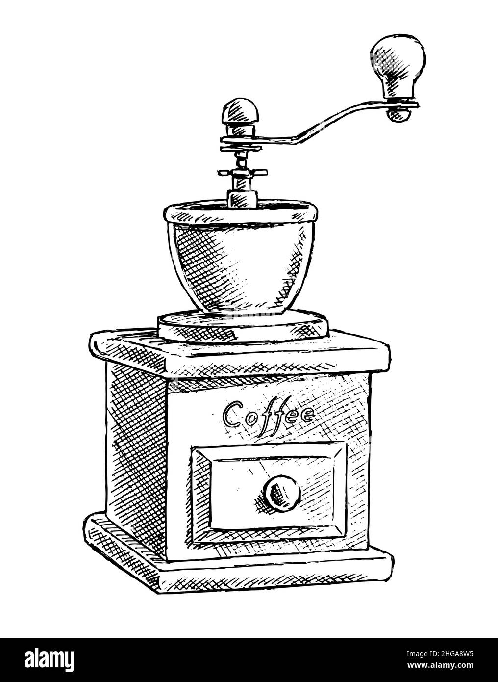 Retro Kaffeemühle mit Kaffeebohnen. Antikes Gerät für die Zubereitung eines Kaffeegetränks. Cafe-Symbol. Handgezeichnete Skizze der Illustration. Schwarz und Weiß Stockfoto