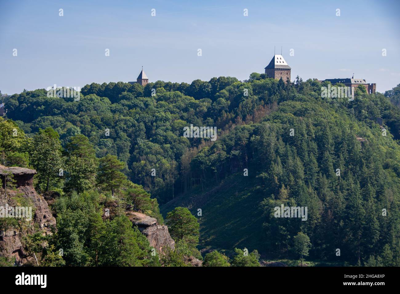 Der Blick vom Christinenley-Aussichtspunkt auf Schloss Nideggen Stockfoto