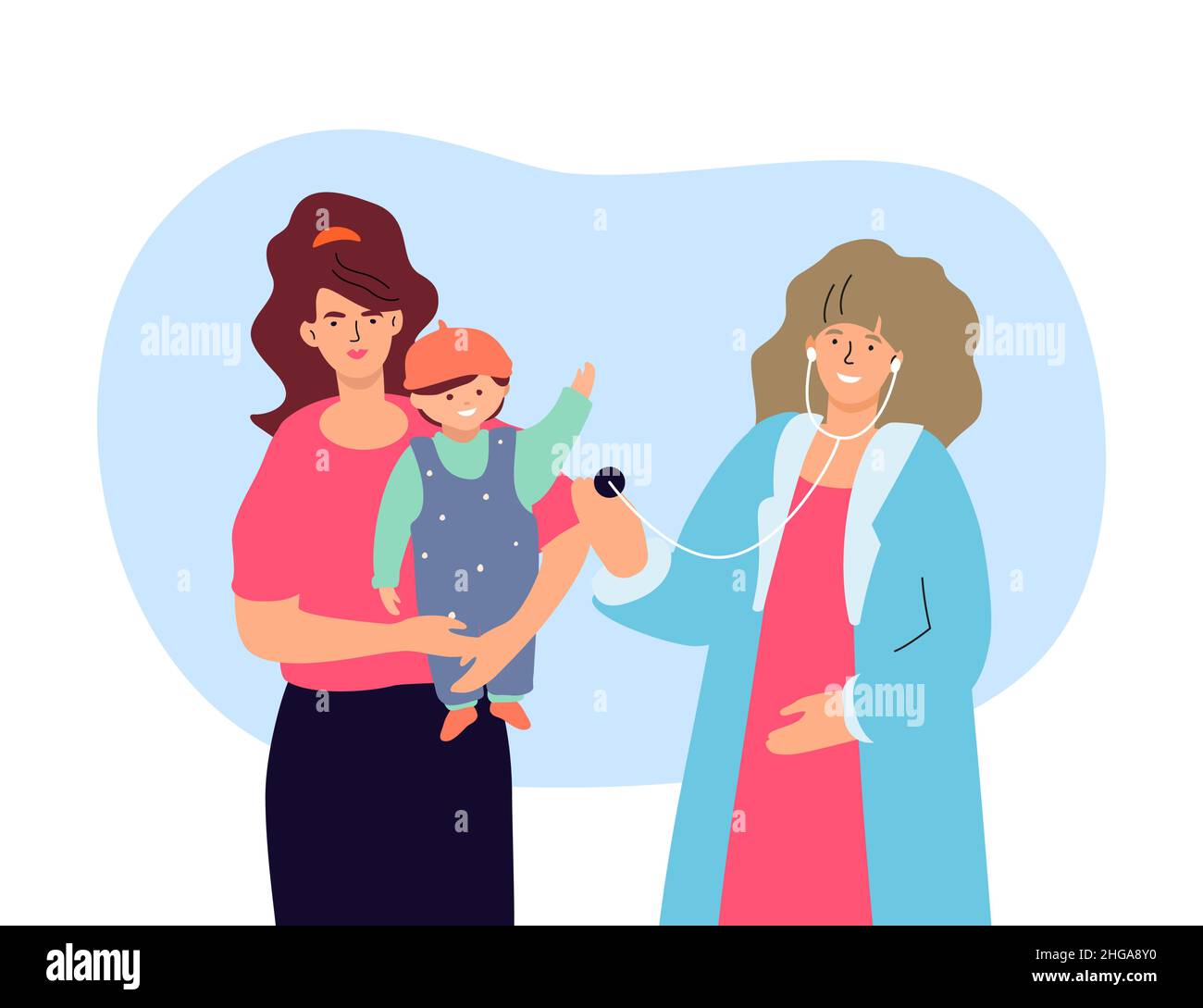 Untersuchung durch einen Kinderarzt - farbenfrohe, flache Designdarstellung auf weißem Hintergrund. Eine Komposition mit Mutter, Kind und Arzt mit Stethoskop Stock Vektor