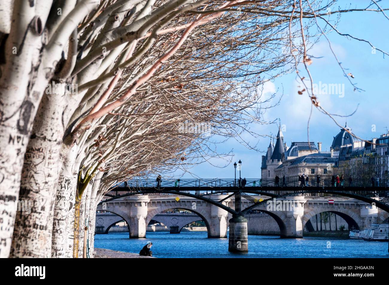 Brücken auf der seine in Paris und der mittelalterliche Palast der Conciergerie mit Türmchen und Zinnenwänden. Stockfoto