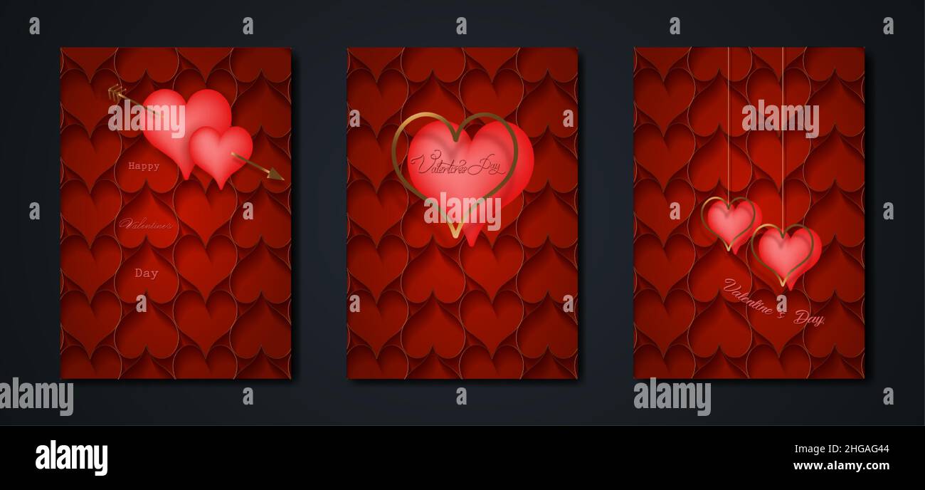 Happy Valentines Tag Vektor-Set Grußkarte. Goldene und rote Herzen auf rotem Hintergrund. Goldenes Luxus-Urlaubsposter mit Text, Juwelen. Konzept für das Hotel Stock Vektor