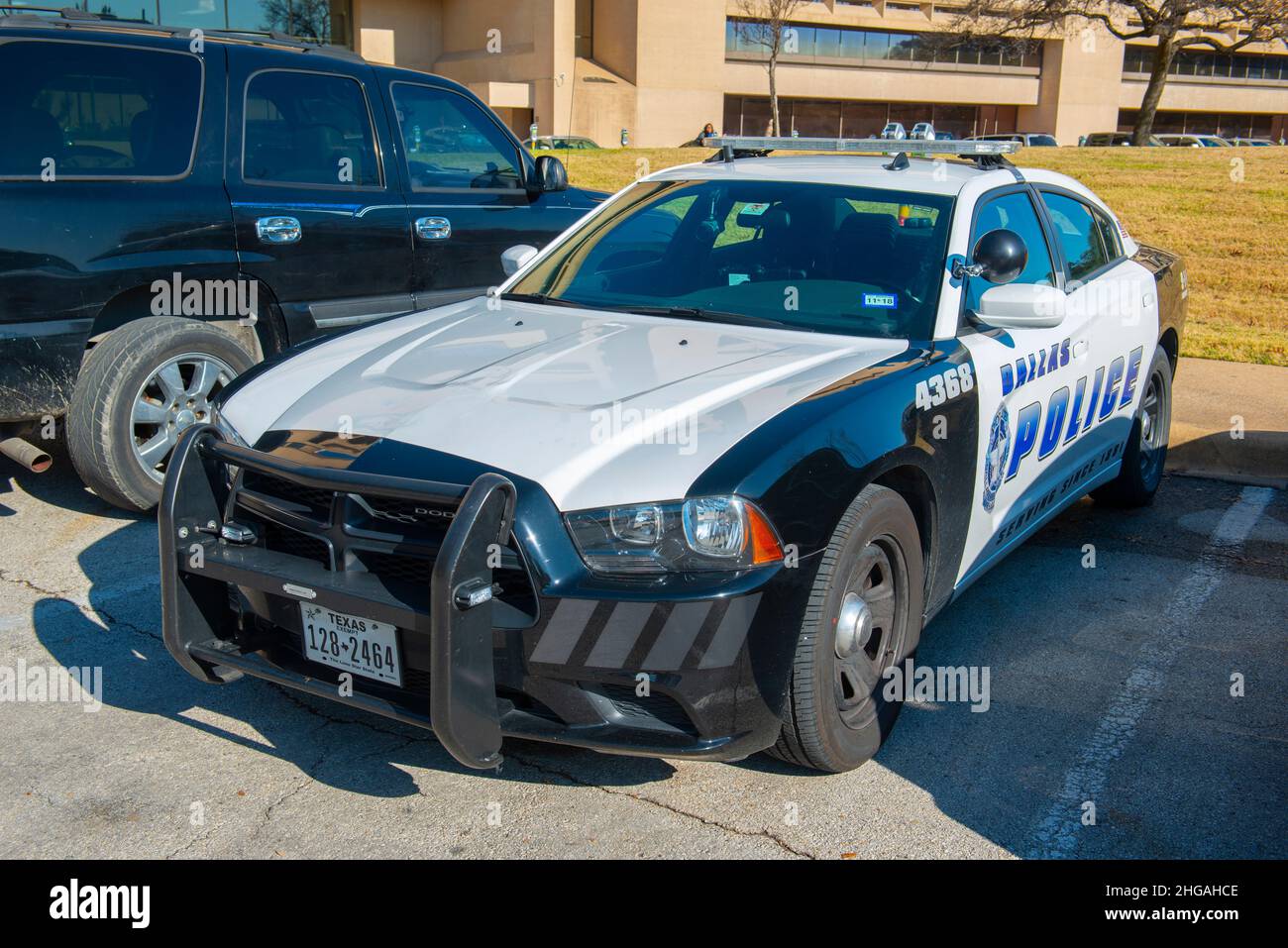 Dallas Dodge Police Car vor dem Rathaus von Dallas in der Innenstadt von Dallas, Texas TX, USA. Stockfoto