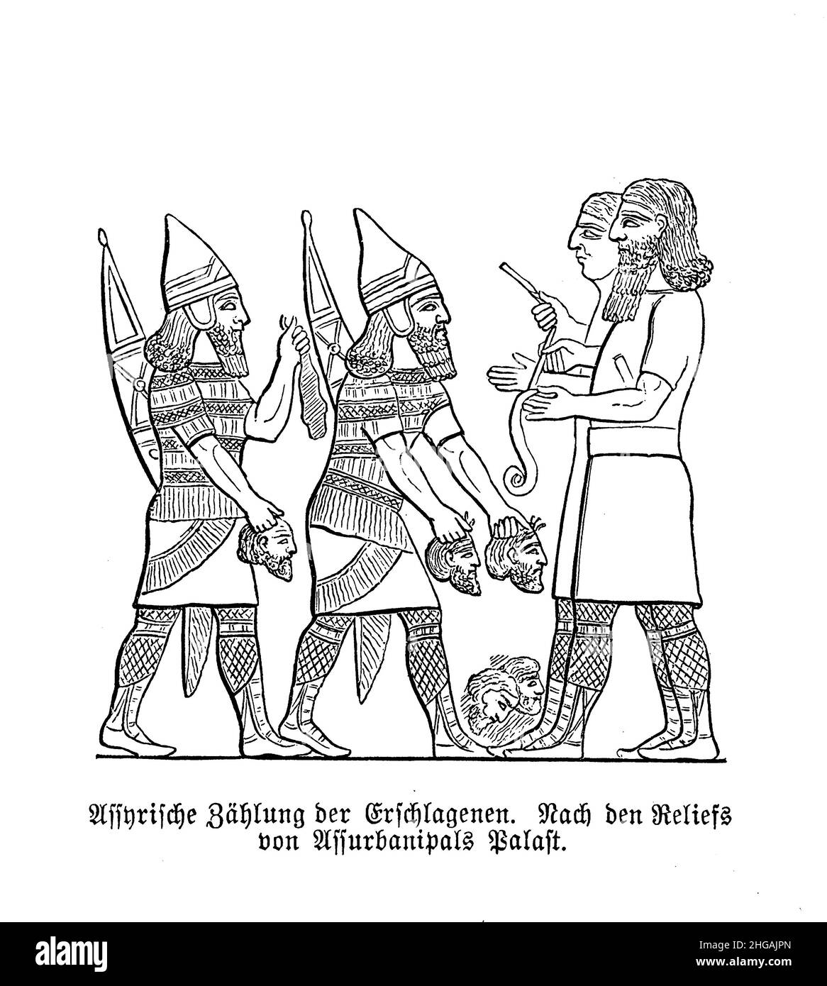 König Aschurbanipal Palast Relief, die den Grafen der toten Feinde, Neo-Assyrischen Reich Stockfoto