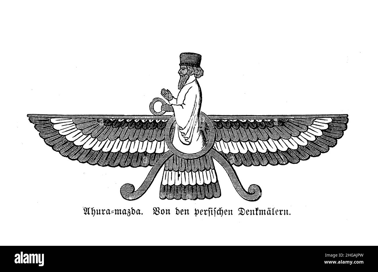 Ahura Mazda, zoroastrischer gütiger Gott der Wahrheit, iranische Religion, die auf den Lehren des Propheten Zoroaster basiert Stockfoto