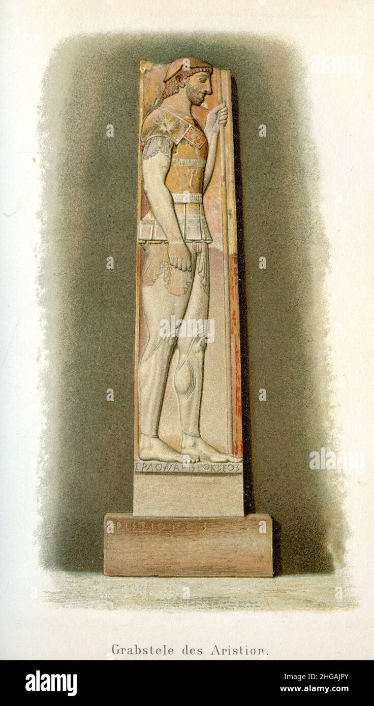 Der Grabmarmor-Stele von Aristion hoplite Bürgersoldat der griechischen Stadtstaaten, datiert 510 v. Chr. Die Statue war polychrome und bleibt Spuren von roter, gelber und blauer Farbe. Stockfoto