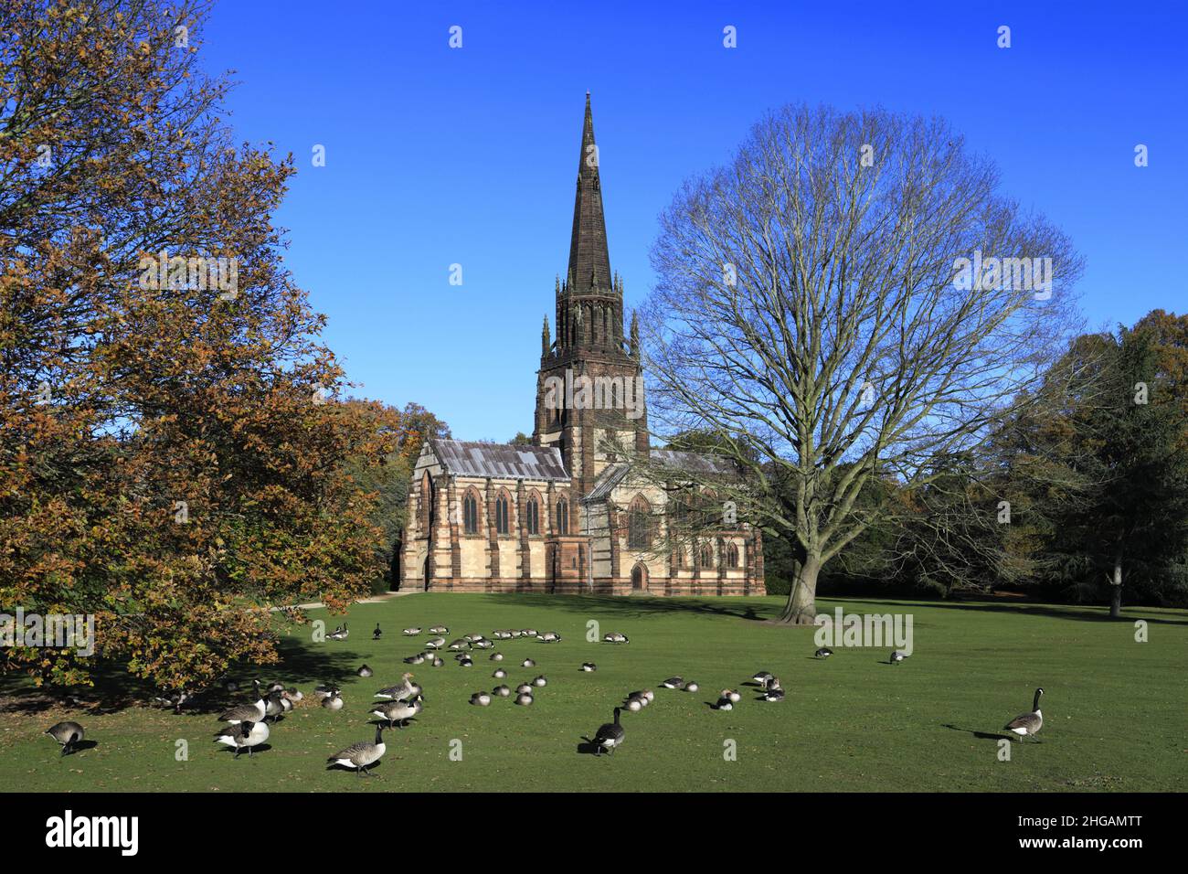 Herbstfarben, St. Mary the Virgin Church, Clumber Park, Nottinghamshire, England, Großbritannien Stockfoto