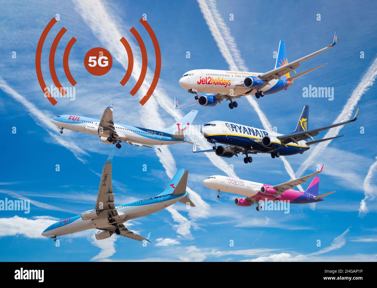 5G Symbol mit mehreren Flugzeugen, Flugzeugen. Stockfoto