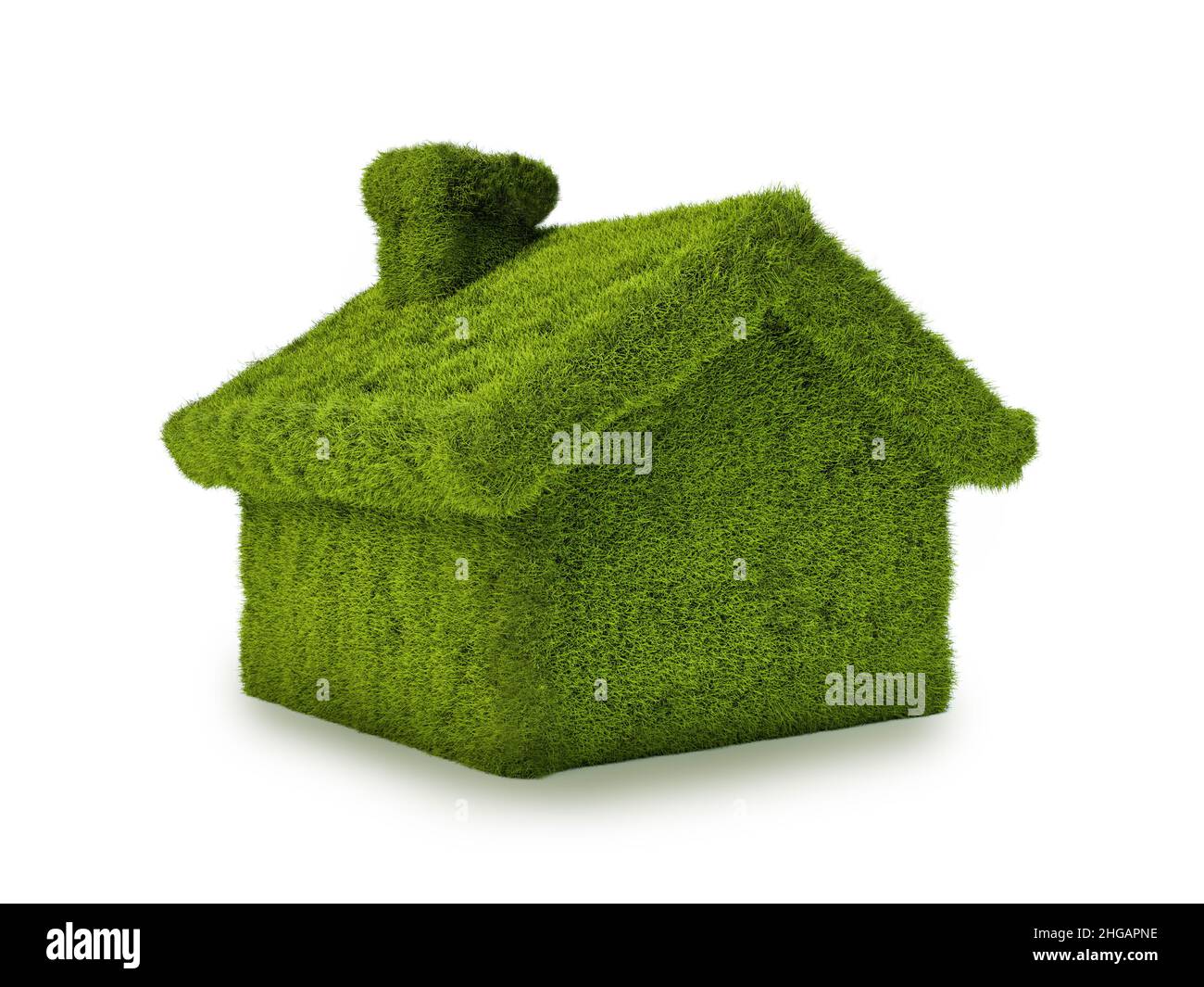 3D Rendering von grünen Gras bedeckten kleinen Haus auf weißem Hintergrund - ökologisches Konzept Stockfoto