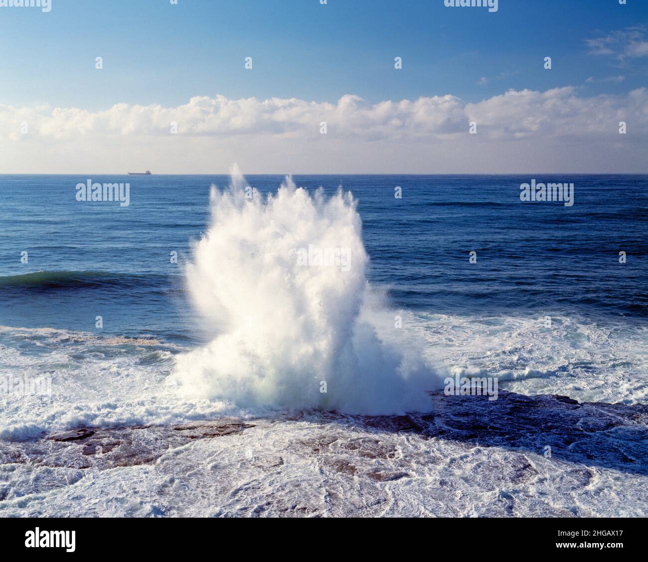 Australien. Sydney. Wellen, die auf Felsen spritzen. Stockfoto