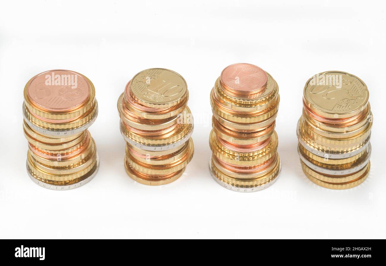 Stapel von Cent-Münzen und Euro-Münzen, Studio geschossen Stockfoto