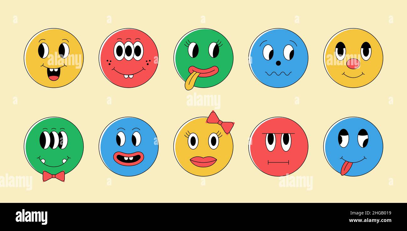 Lustige Cartoon-Gesichter mit Mund, Zunge und Augen. Verschiedene komische Formen Emotionen. Niedliche Avatar Vektor Illustration Set. Stock Vektor